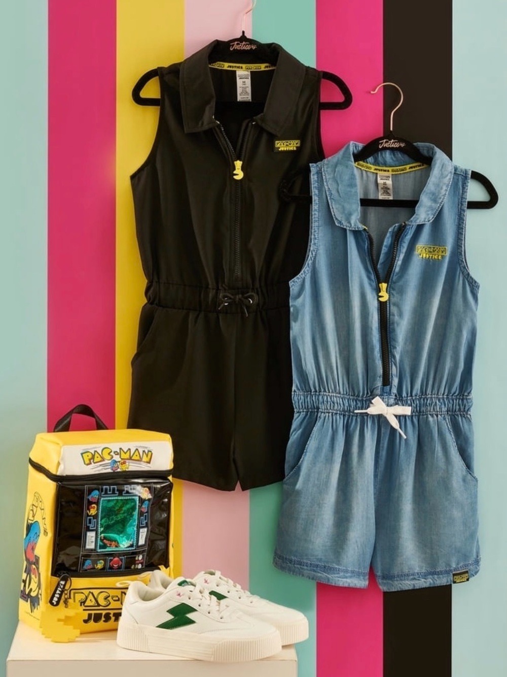 Justice Black Pac-Man Zip-Front Romper with Drawstring Waist size L (12-14)